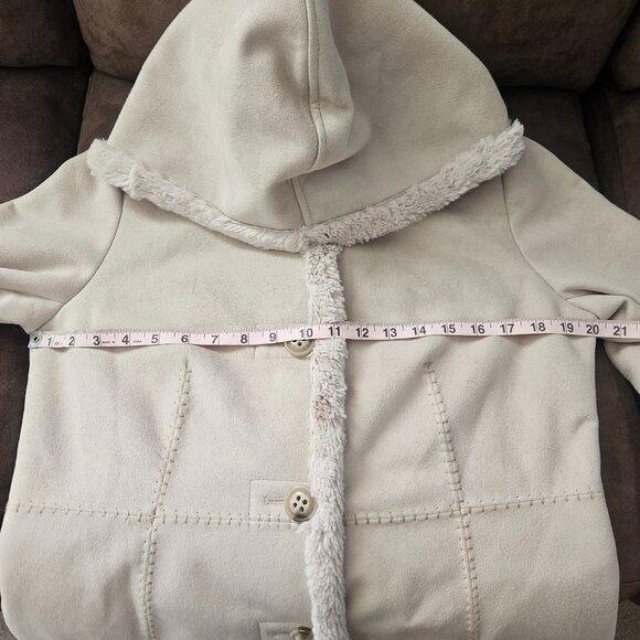 JONES NEW YORK Winter Hip-Length Off-White Hooded Coat Faux Suede & Fur Sz S - Picture 3 of 15
